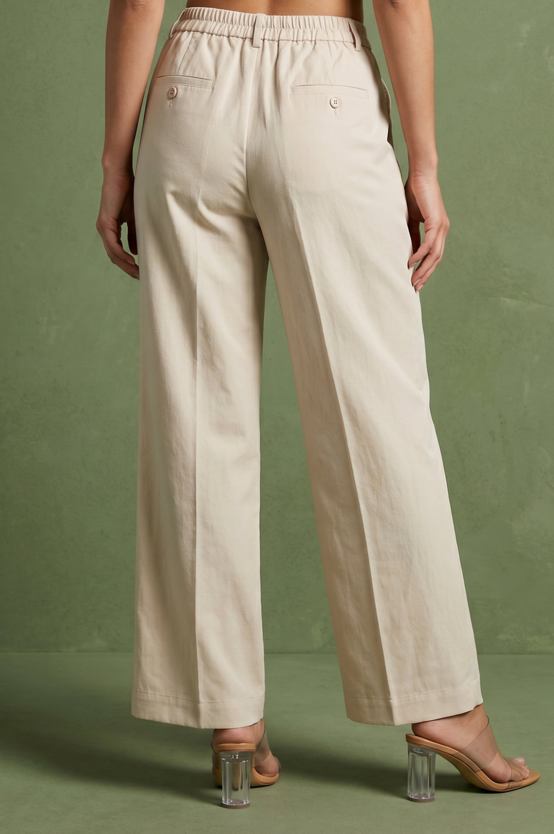 Cream High Rise Wide-Leg Ankle Length Pants