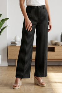 Black Pinstriped Wide-Leg Ankle length Pants