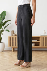 Black Pinstriped Wide-Leg Ankle length Pants