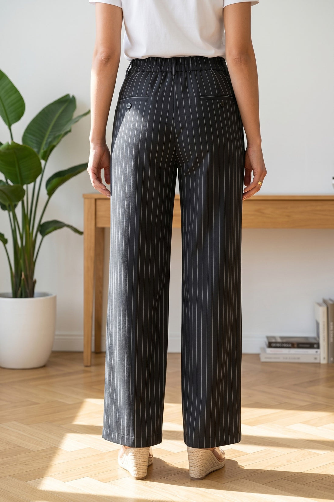 Black Pinstriped Wide-Leg Ankle length Pants