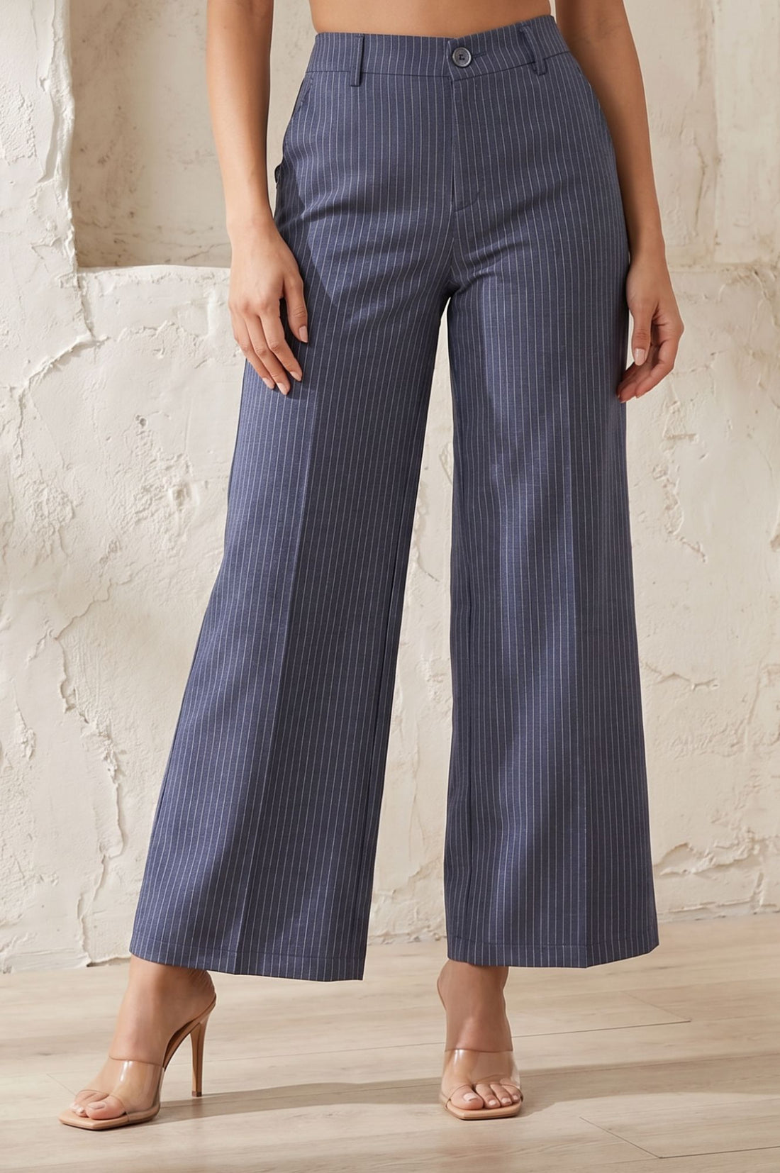 Navy Blue Striped Pinstripe Buttons Wide Leg Mid Rise Boss pant