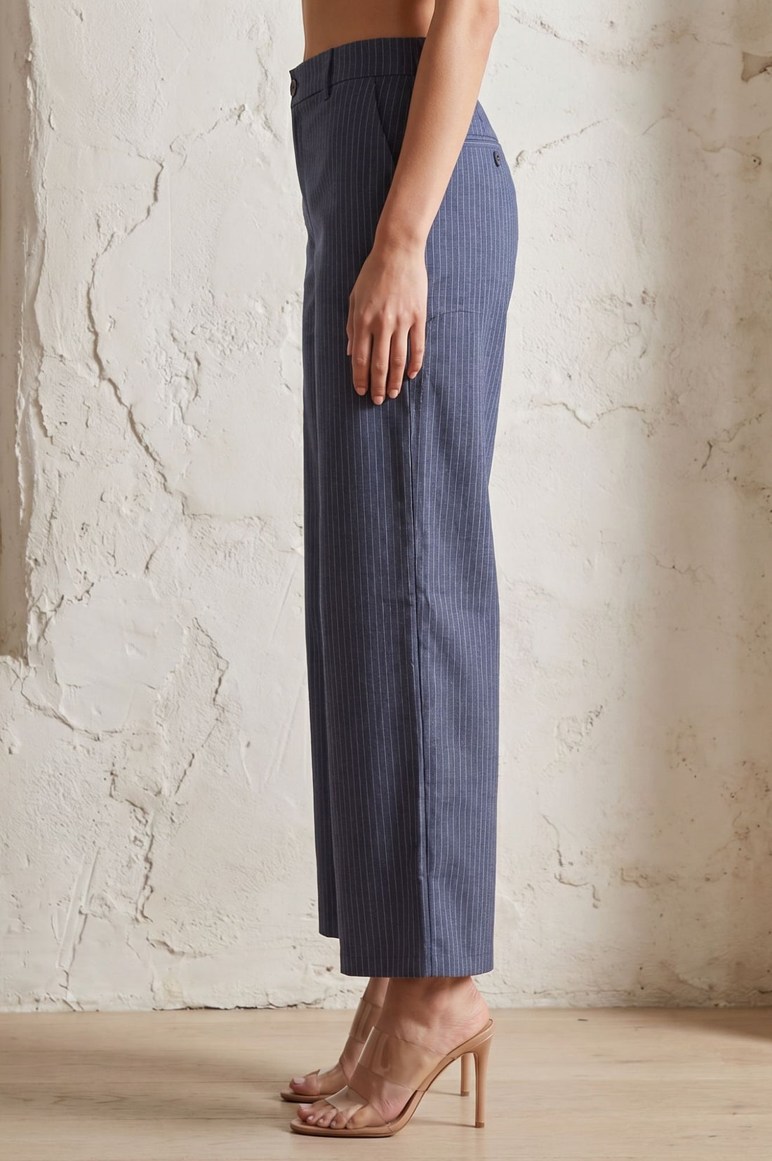 Navy Blue Striped Pinstripe Buttons Wide Leg Mid Rise Boss pant