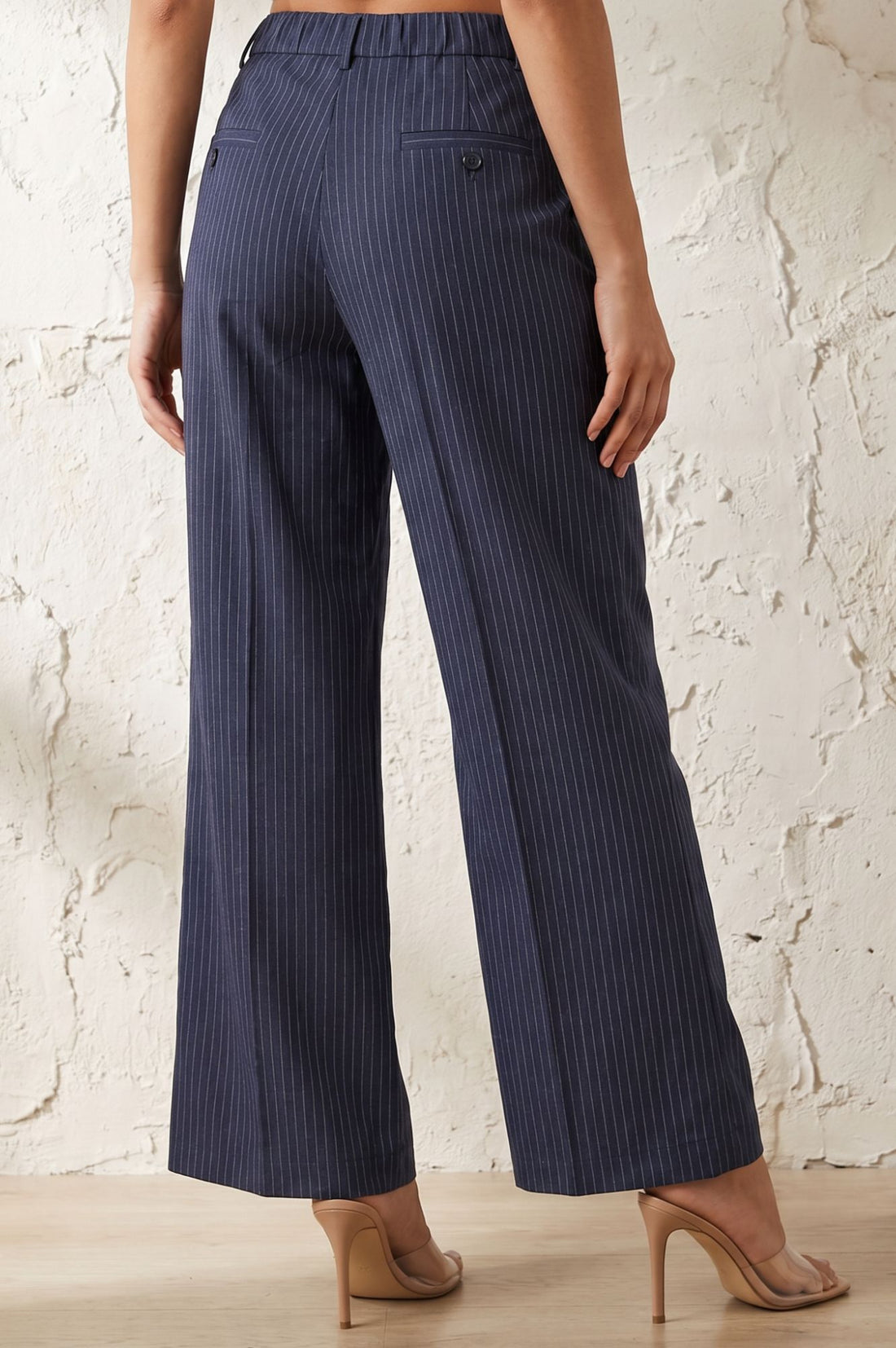 Navy Blue Striped Pinstripe Buttons Wide Leg Mid Rise Boss pant