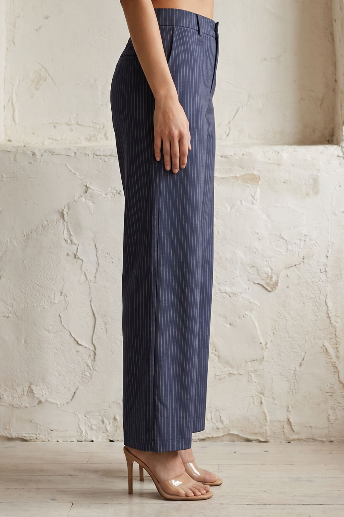 Navy Blue Striped Pinstripe Buttons Wide Leg Mid Rise Boss pant