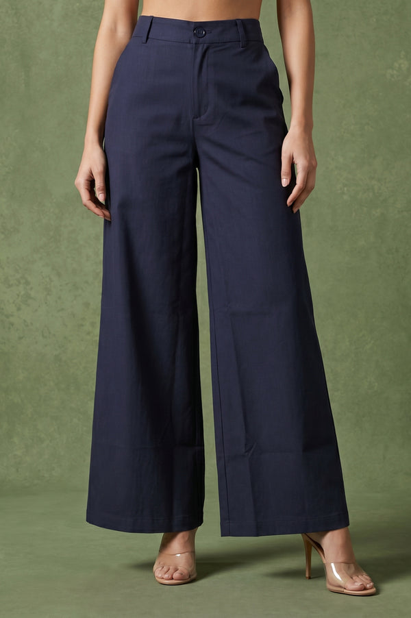 Navy Blue Wide-Leg Ankle Length Pants