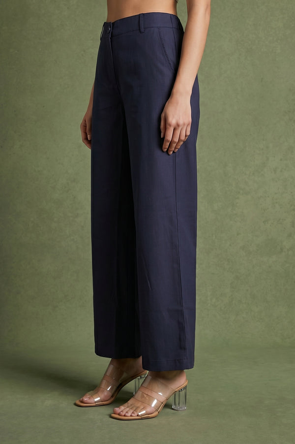 Navy Blue Wide-Leg Ankle Length Pants