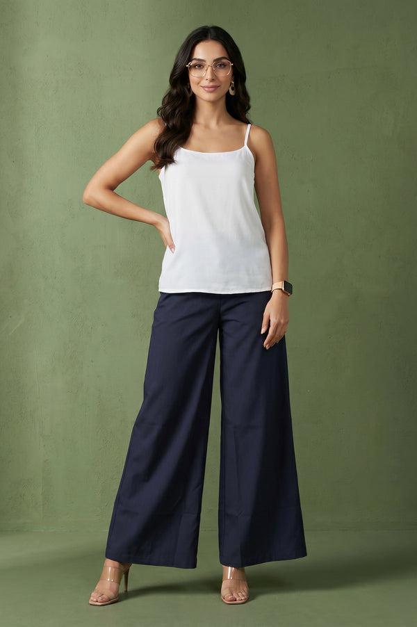 Navy Blue Wide-Leg Ankle Length Pants