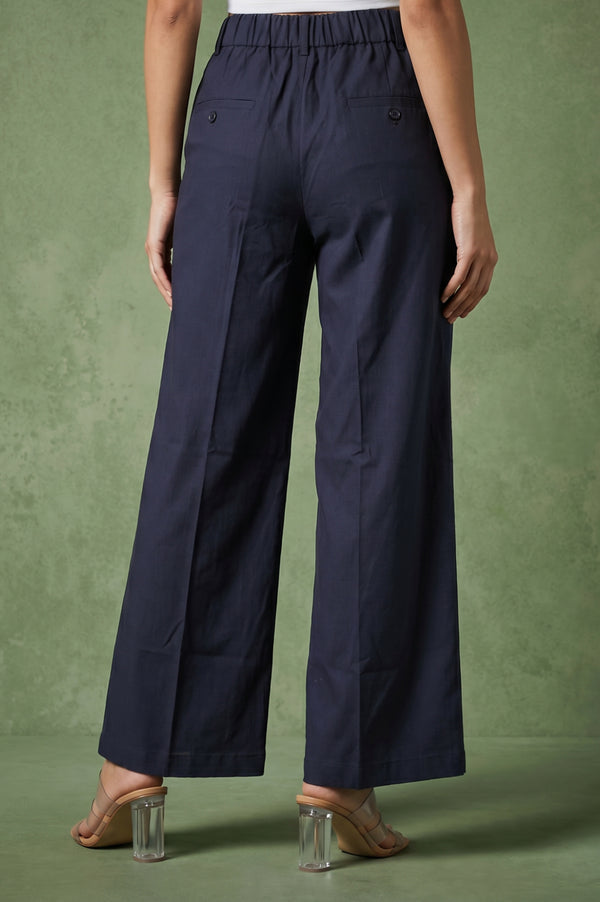 Navy Blue Wide-Leg Ankle Length Pants
