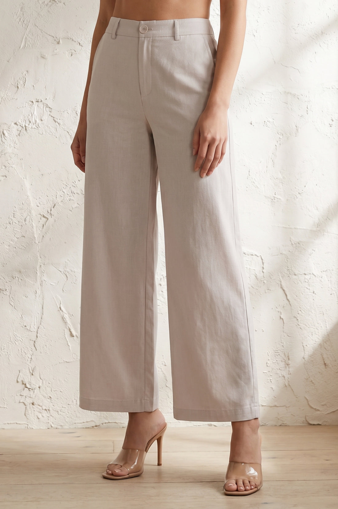 Beige Solid Ankle Length High Rise Boss pant