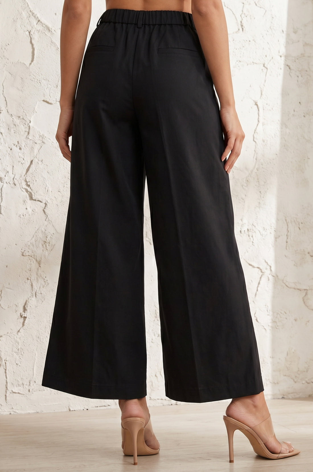 Black Solid Wide Leg Ankle Length Boss pant
