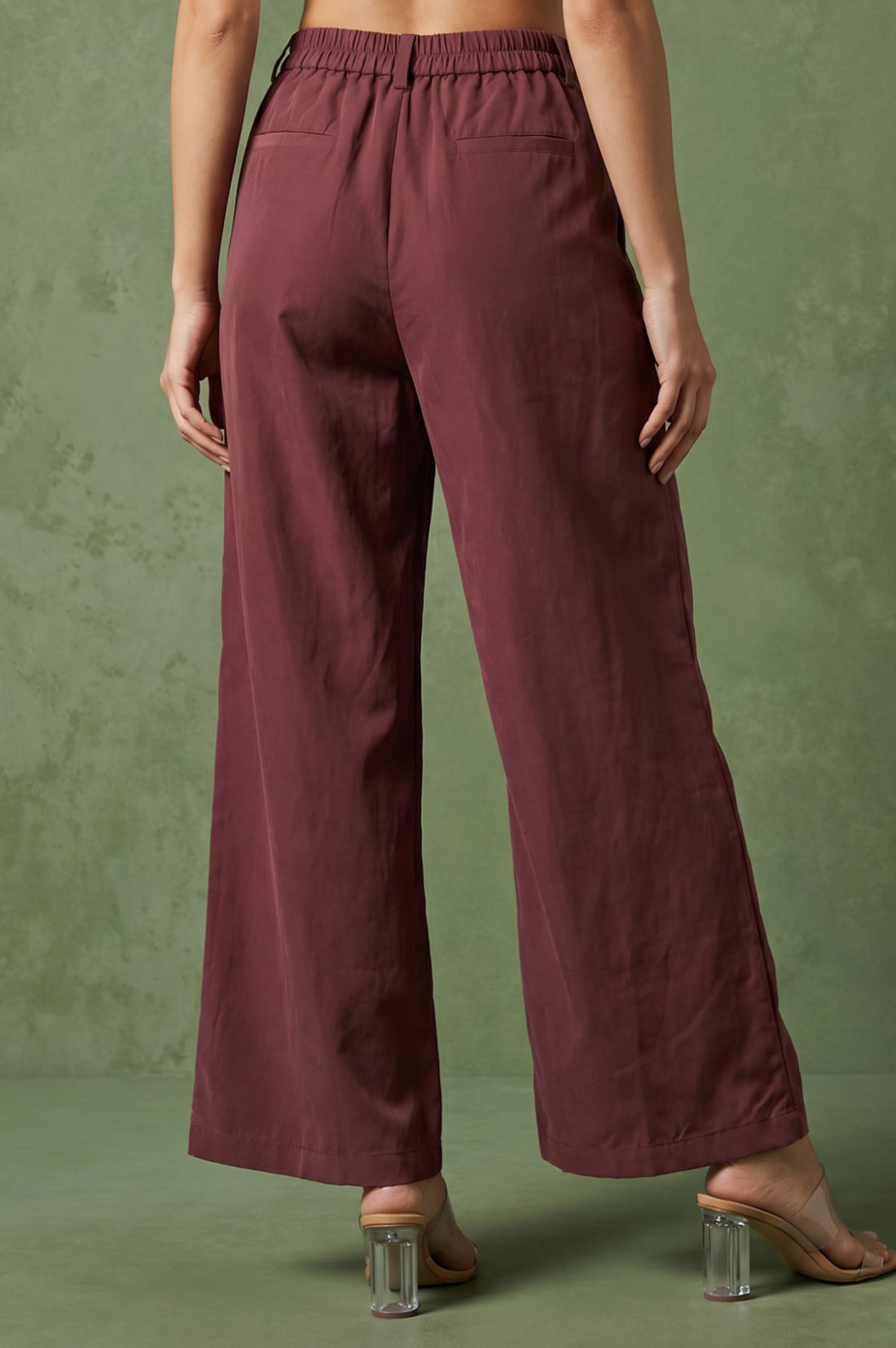 Maroon High Rise Wide-Leg Ankle Length Pants