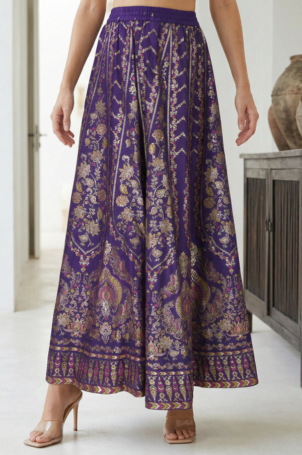 Elleven Women's Purple Ethnic Motifs Crepe Wide Leg Ankle Length Skirt