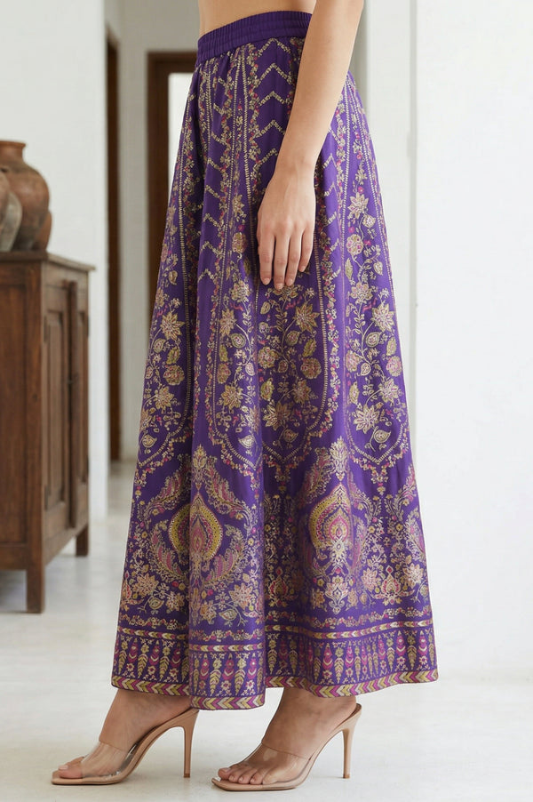 Elleven Women's Purple Ethnic Motifs Crepe Wide Leg Ankle Length Skirt