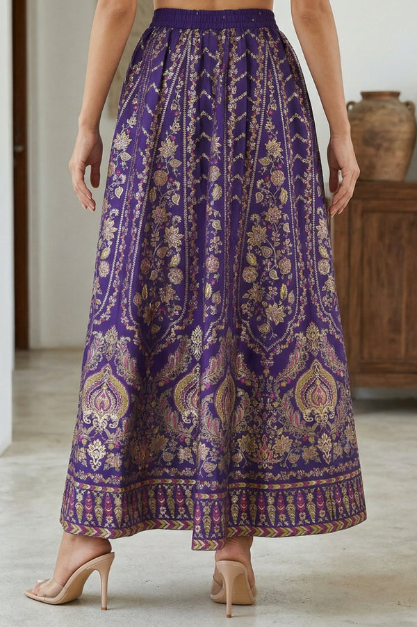 Elleven Women's Purple Ethnic Motifs Crepe Wide Leg Ankle Length Skirt
