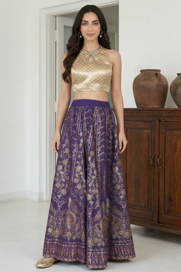 Elleven Women's Purple Ethnic Motifs Crepe Wide Leg Ankle Length Skirt
