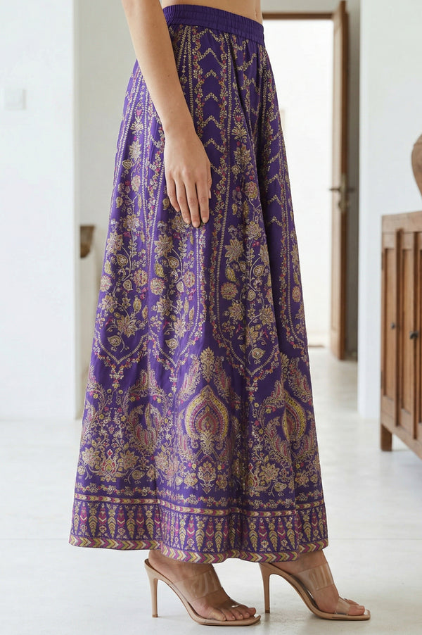 Elleven Women's Purple Ethnic Motifs Crepe Wide Leg Ankle Length Skirt