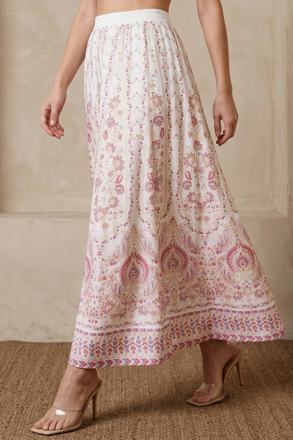 Elleven Women's White Ethnic Motifs Foil Printed Crepe Flared Ankle Length Skirt