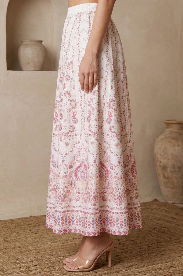 Elleven Women's White Ethnic Motifs Foil Printed Crepe Flared Ankle Length Skirt