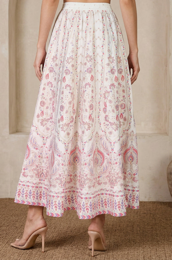 Elleven Women's White Ethnic Motifs Foil Printed Crepe Flared Ankle Length Skirt