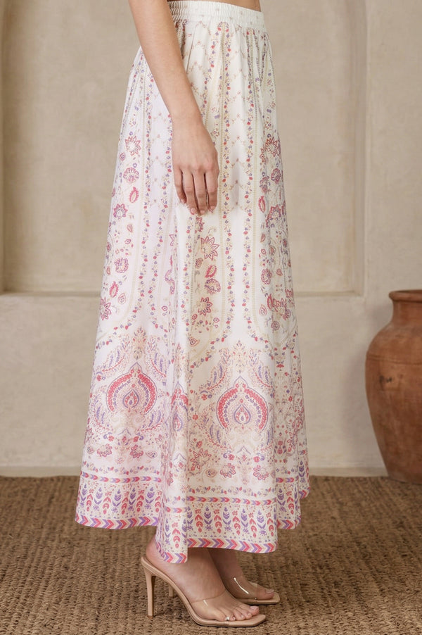 Elleven Women's White Ethnic Motifs Foil Printed Crepe Flared Ankle Length Skirt