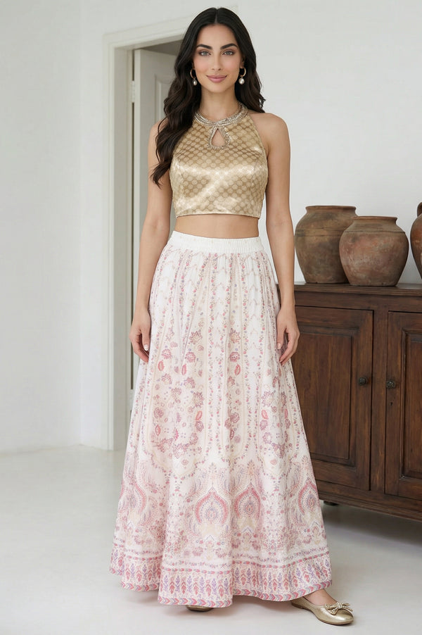 Elleven Women's White Ethnic Motifs Foil Printed Crepe Flared Ankle Length Skirt