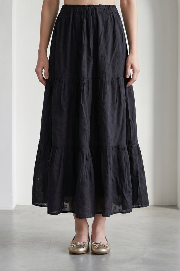 Black Schiffli Pure Cotton Flared Skirt
