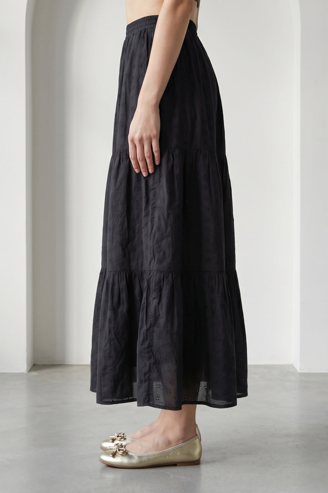 Black Schiffli Pure Cotton Flared Skirt