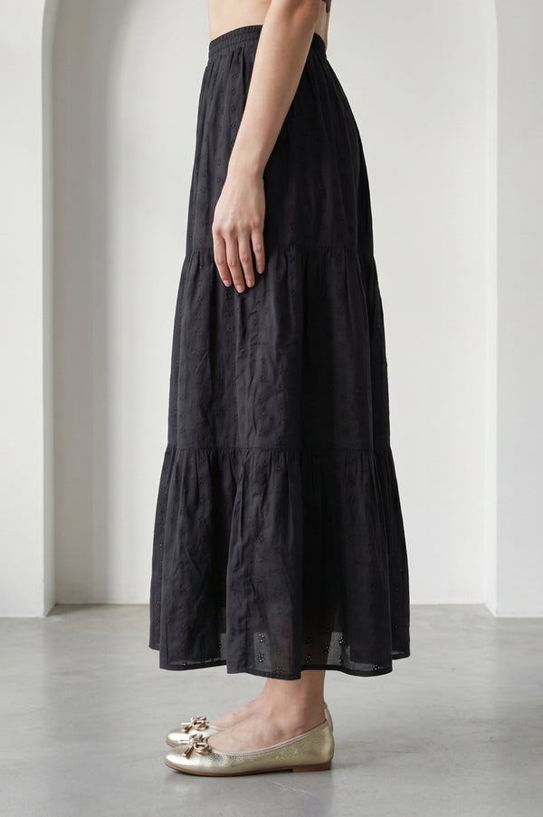 Black Schiffli Pure Cotton Flared Skirt