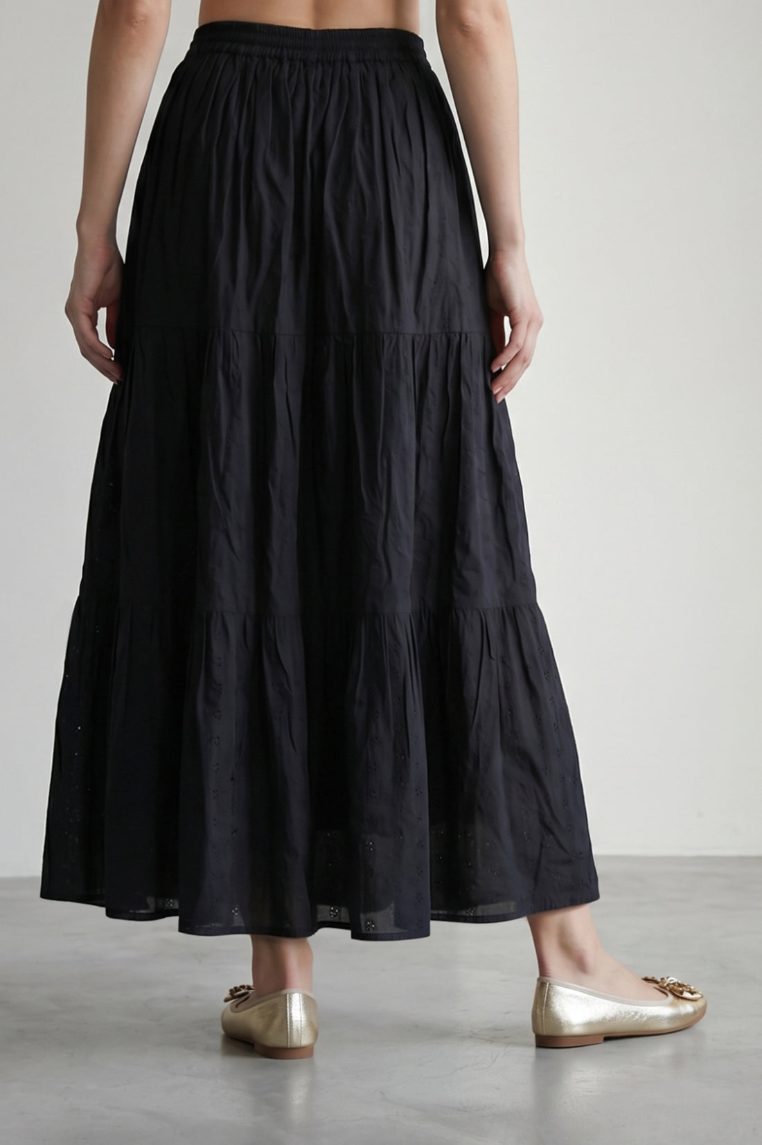 Black Schiffli Pure Cotton Flared Skirt
