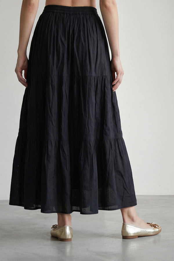 Black Schiffli Pure Cotton Flared Skirt