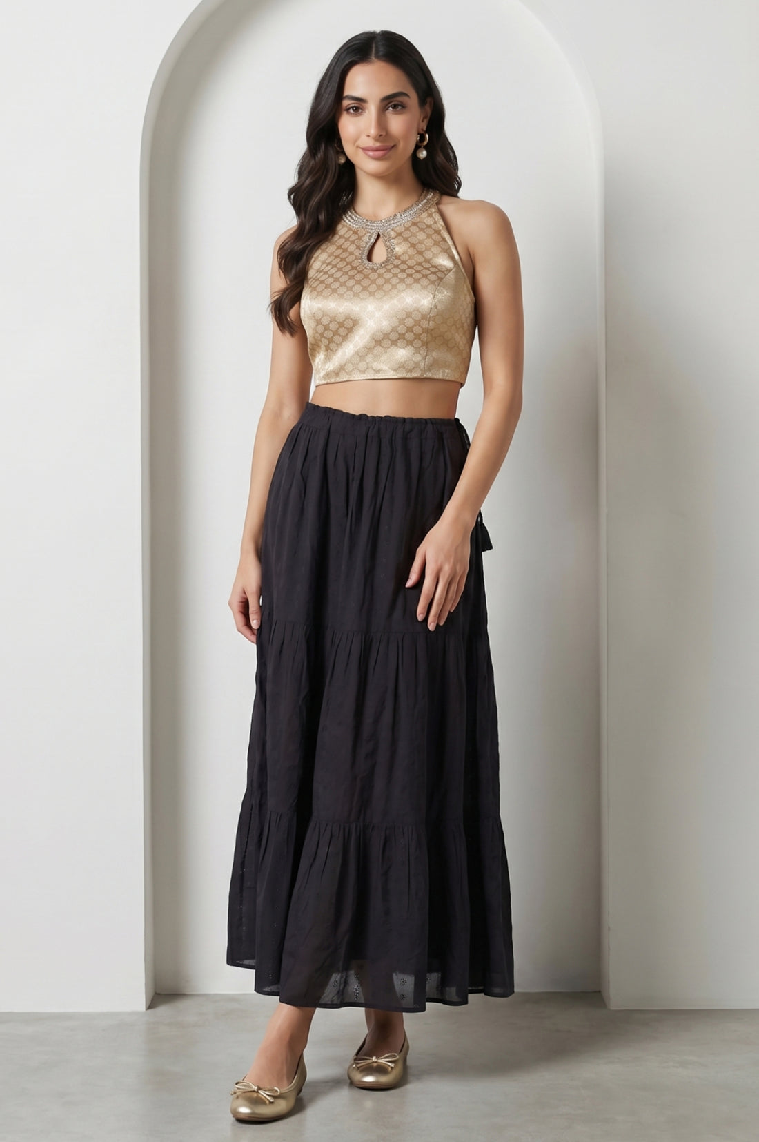 Black Schiffli Pure Cotton Flared Skirt