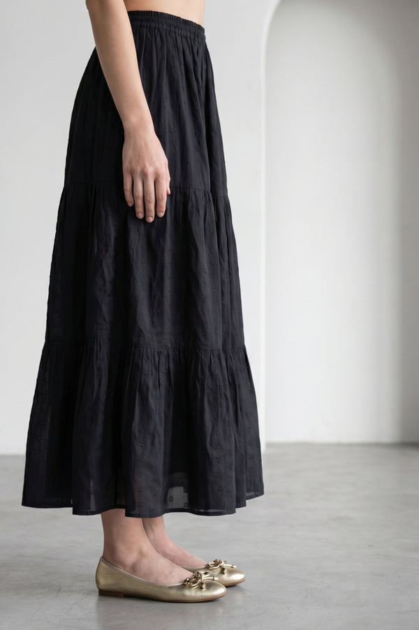 Black Schiffli Pure Cotton Flared Skirt