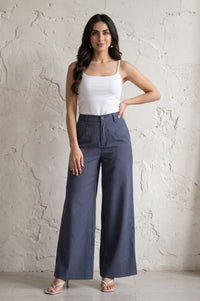 Navy Blue Striped Pinstripe Buttons Wide Leg Floor Length High Rise Pants