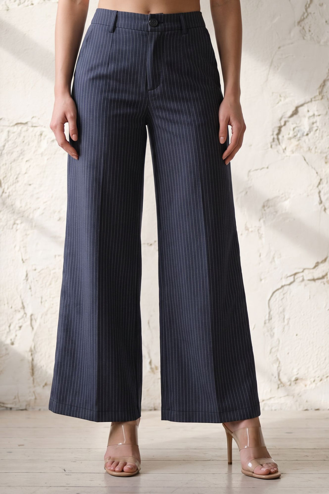Navy Blue Striped Pinstripe Buttons Wide Leg Floor Length High Rise Pants