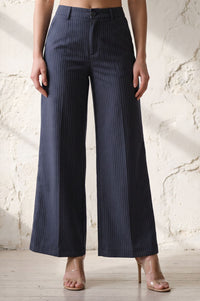 Navy Blue Striped Pinstripe Buttons Wide Leg Floor Length High Rise Pants
