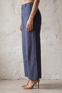 Navy Blue Striped Pinstripe Buttons Wide Leg Floor Length High Rise Pants