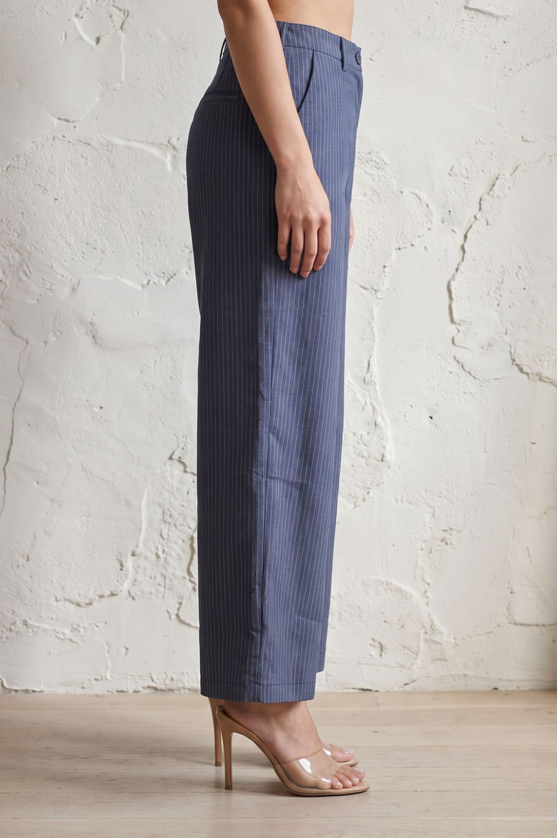 Navy Blue Striped Pinstripe Buttons Wide Leg Floor Length High Rise Pants