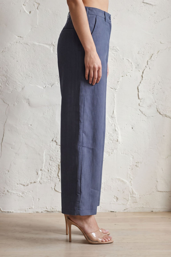 Navy Blue Striped Pinstripe Buttons Wide Leg Floor Length High Rise Pants