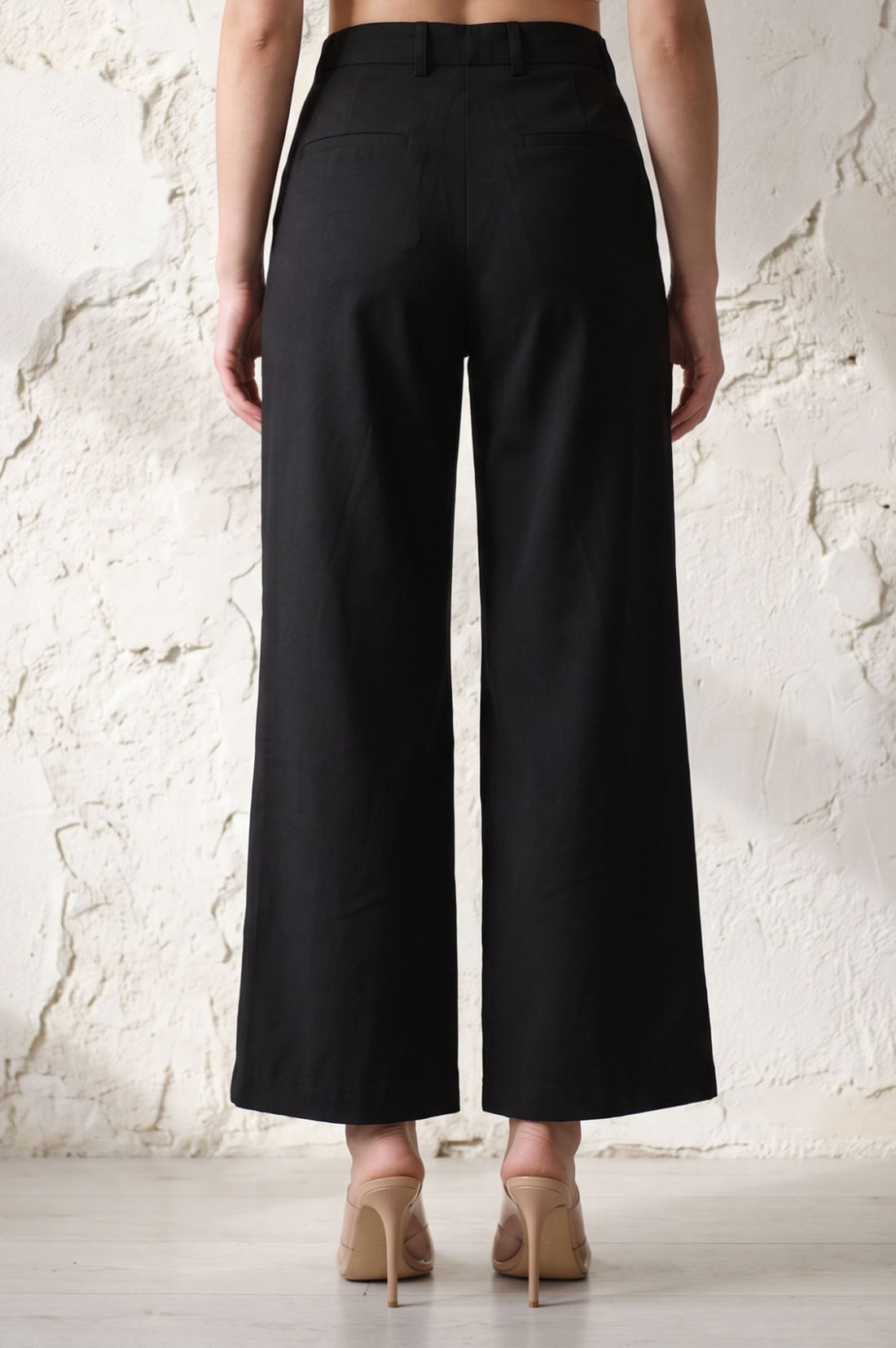 Black Solid Buttons Wide Leg Floor Length High Rise PANTS