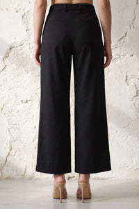 Black Solid Buttons Wide Leg Floor Length High Rise PANTS