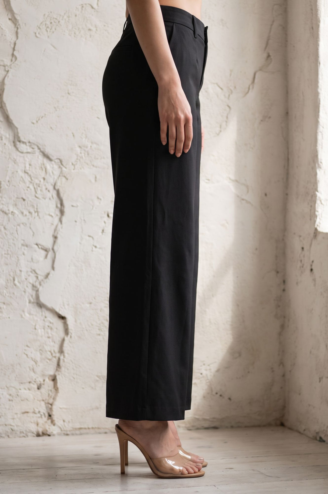 Black Solid Buttons Wide Leg Floor Length High Rise PANTS