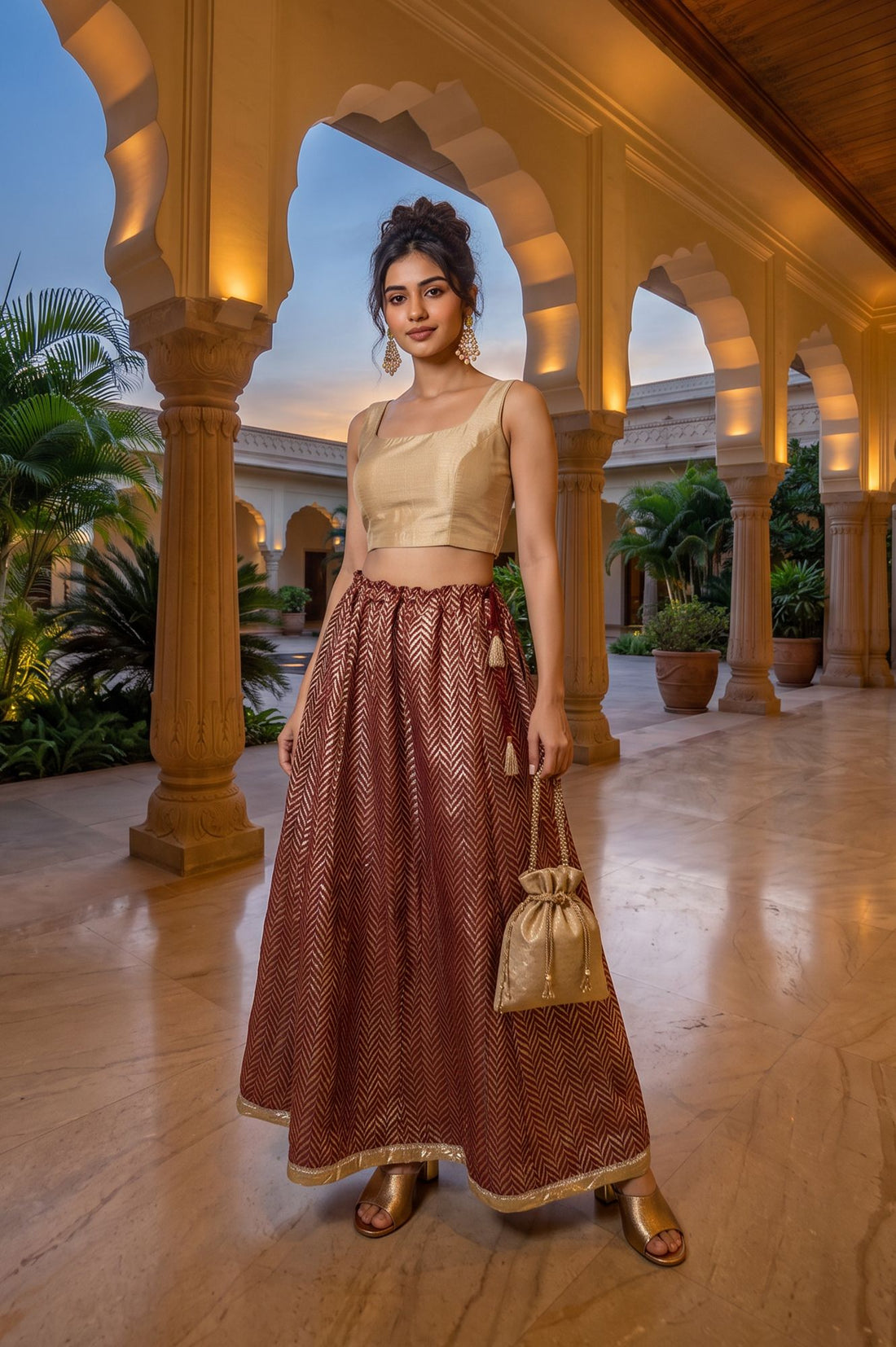 Maroon Foil Printed Flared Ankle Length Skirt