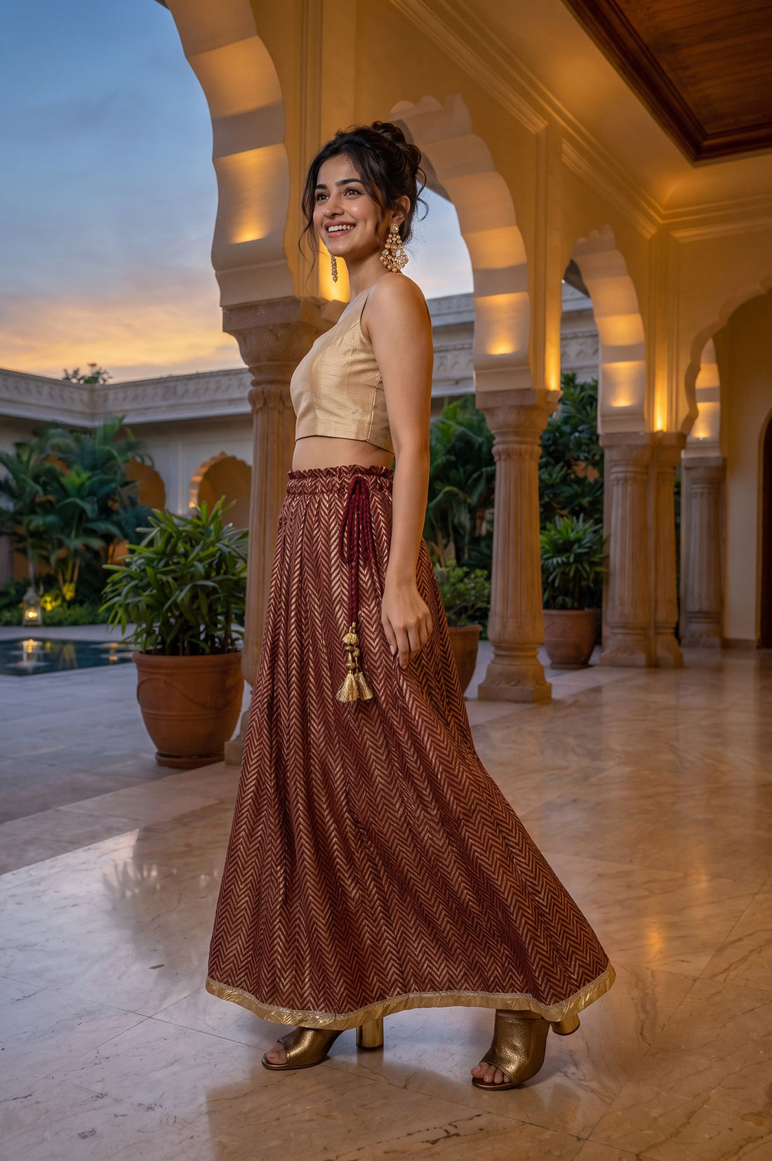 Maroon Foil Printed Flared Ankle Length Skirt