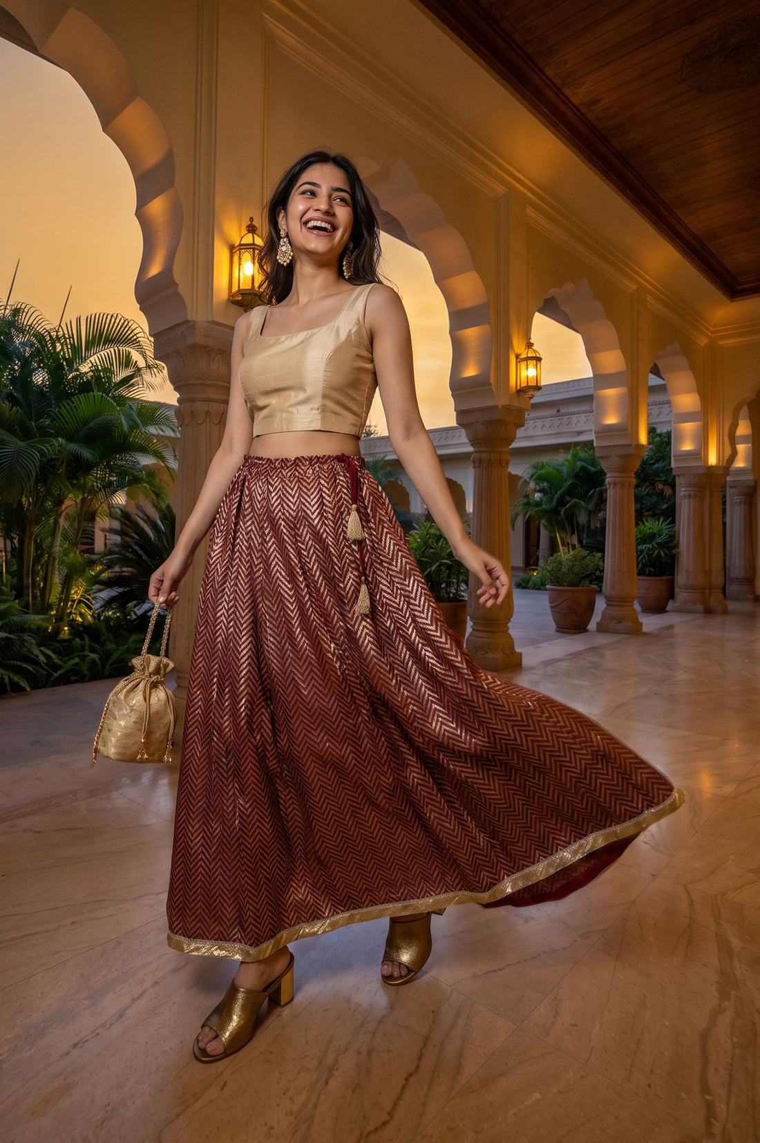 Maroon Foil Printed Flared Ankle Length Skirt