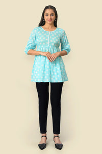 Blue Pure Cotton Flared Kurti and Jegging Set