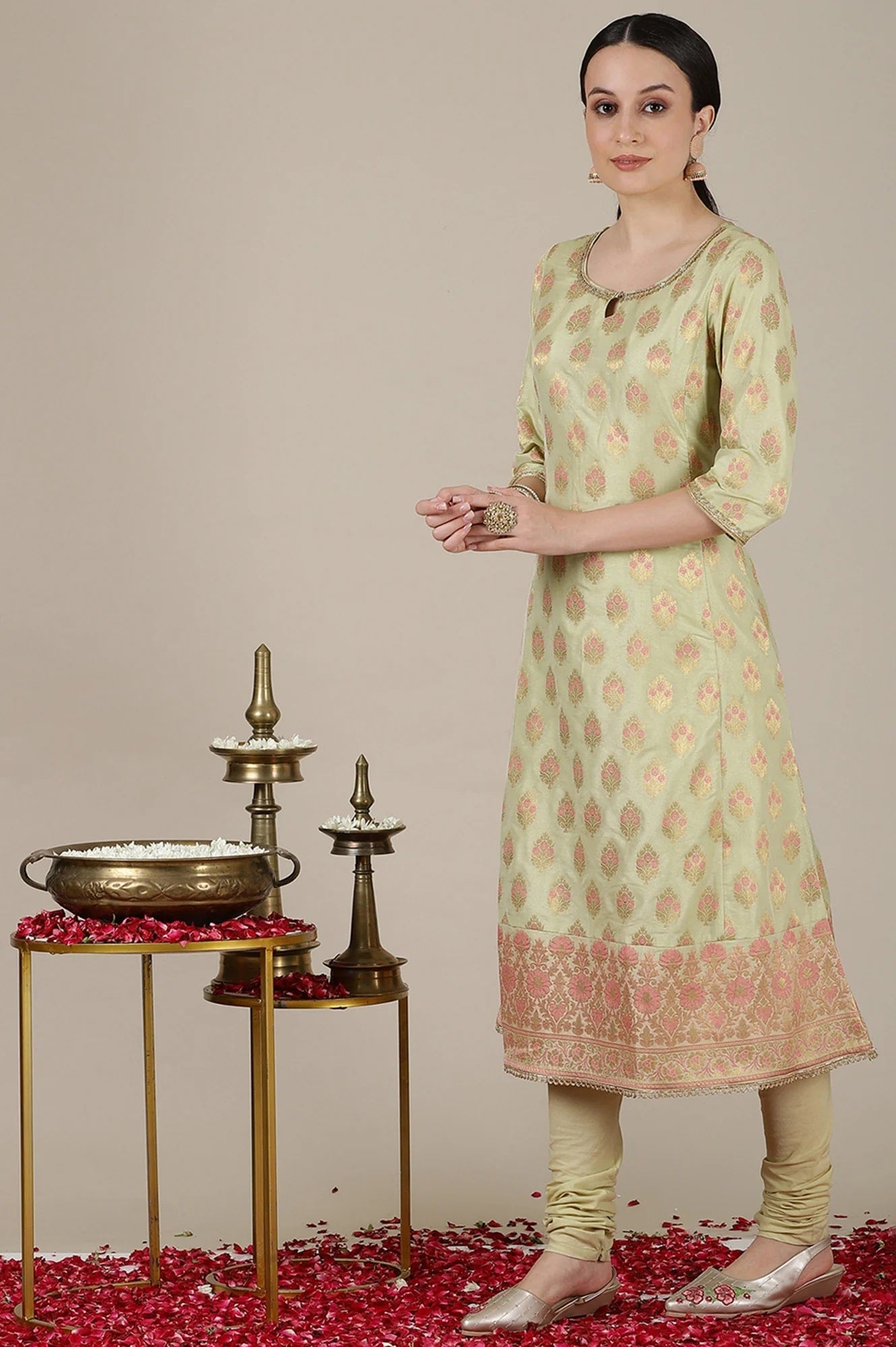 Mint Green Yarn Dyed Embroidered A-line Kurta, Churidar and Dupatta Set