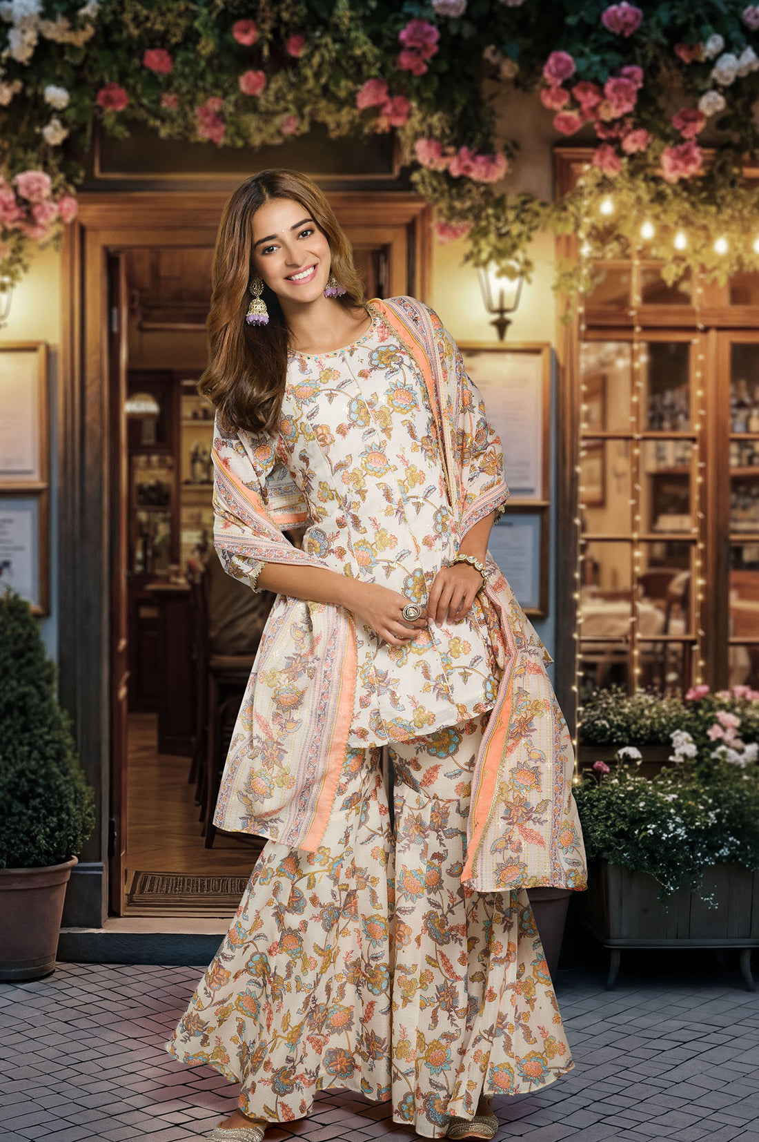 Cream Printed Printed Lace A-Line Kurta, Sharara And Dupatta Set