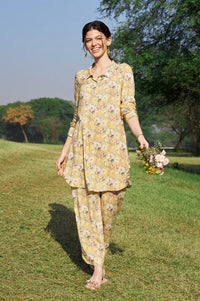 Yellow Floral Printed Viscose Straight Kurta &amp; Palazzo Set