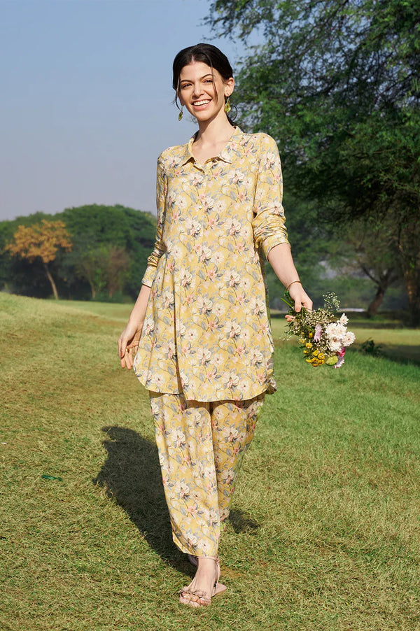 Yellow Floral Printed Viscose Straight Kurta & Palazzo Set