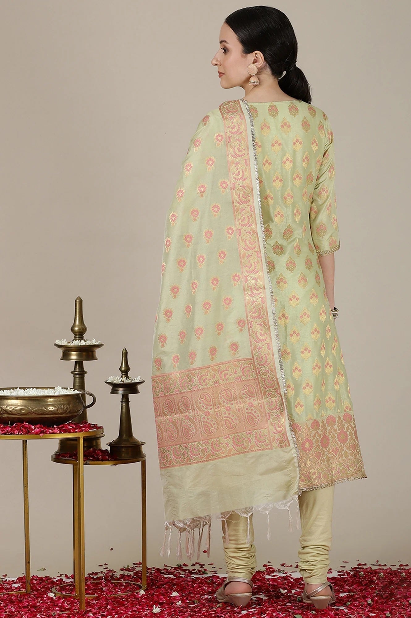 Mint Green Yarn Dyed Embroidered A-line Kurta, Churidar and Dupatta Set